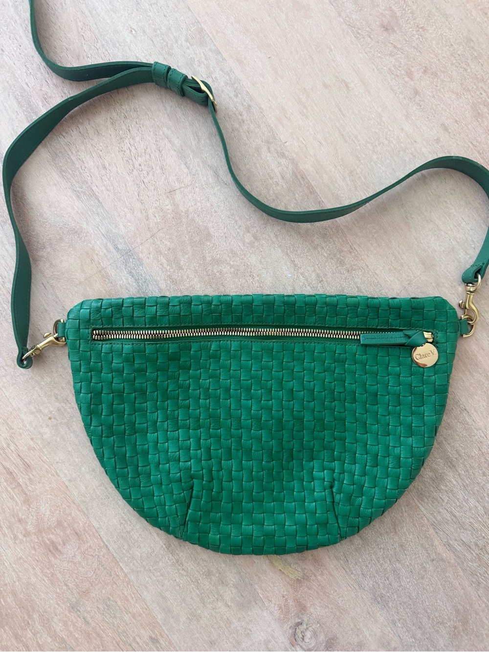 Clare V. Green Woven Crossbody Bag with Gold Accents